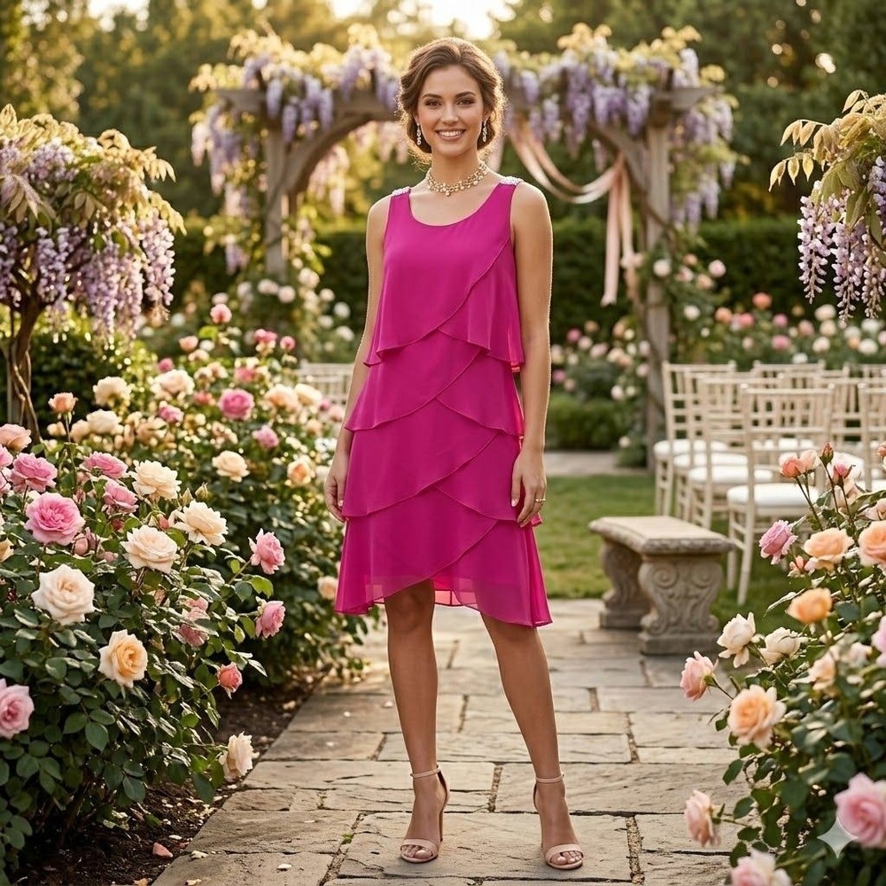 SLNY‎ Tiered Chiffon Dress Womens Sleeveless Ruffle Fuchsia Cocktail Wedding